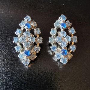 Vintage Blue rhinestone football shape clip on earrings